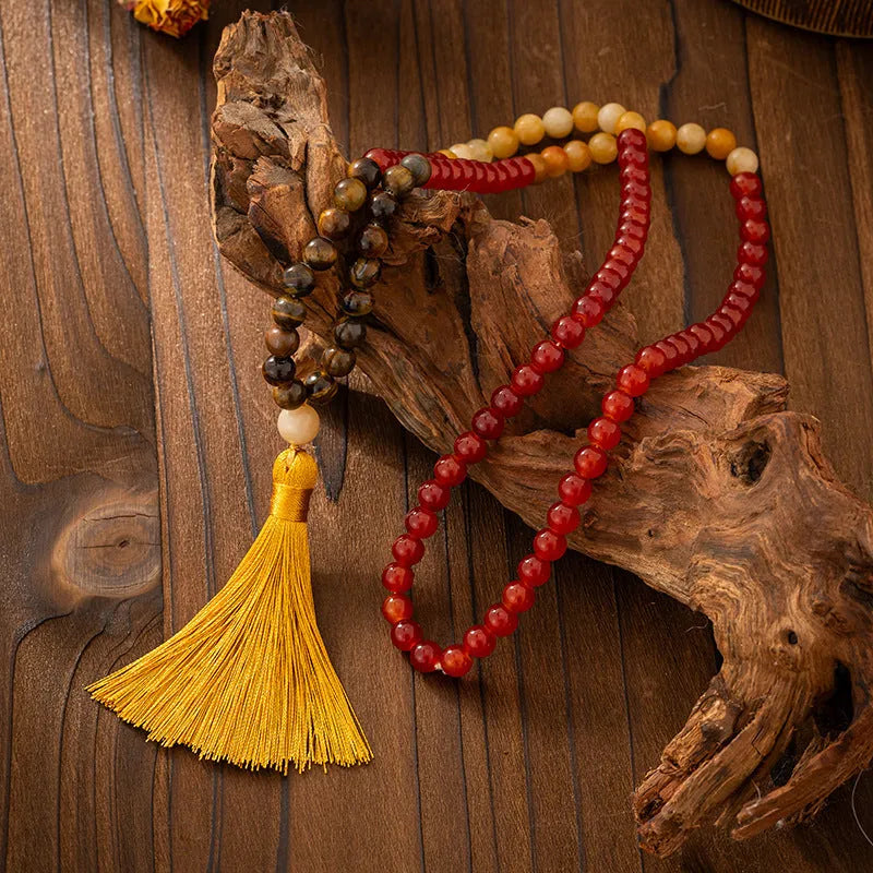 Vintage bohemian beaded necklace and bracelet set with natural stone beads in geometric round design