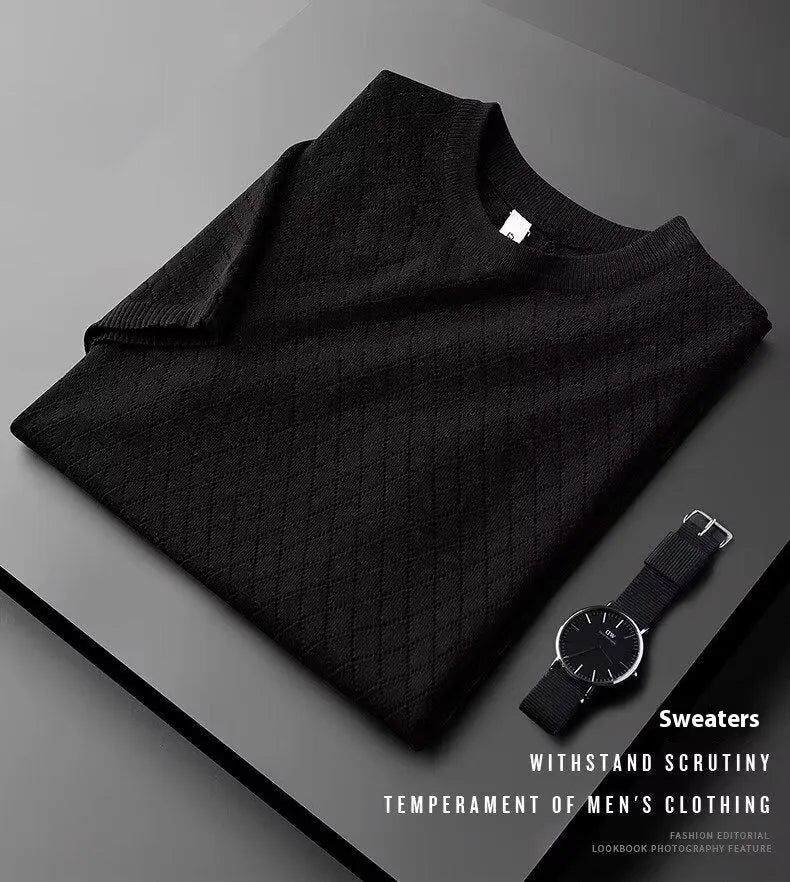 Men's black and white ice silk t-shirts showing V-neck and round neck options on a hanger.