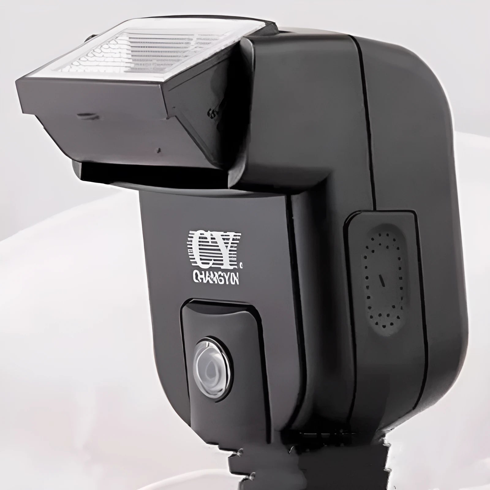 SLR camera flash accessory with tilt head shown at 90-degree angle for bounce flash