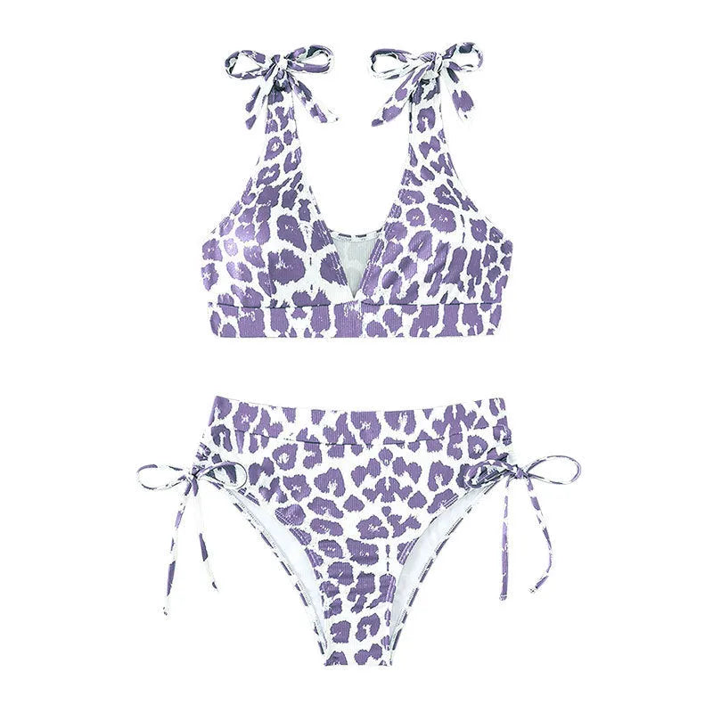 Women's sleeveless lace-up chest cover high waist suit in purple leopard print on white background