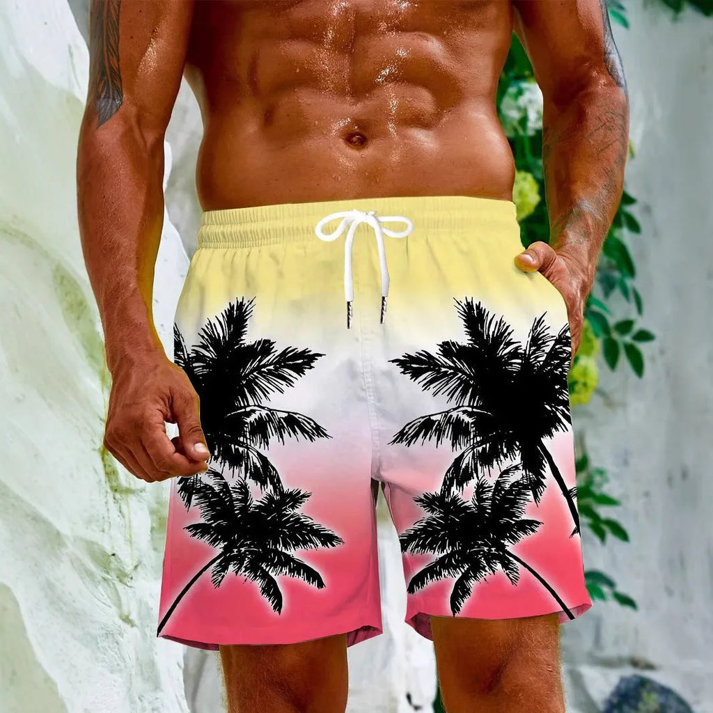 Men's solid colour quick-dry swimming trunks made from elastic polyester fabric.