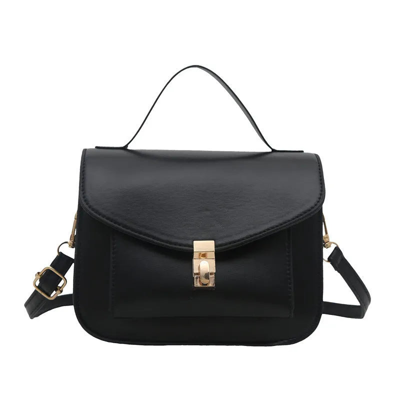 Retro style square messenger bag in PU leather, shown in black colour with visible sewing lines.