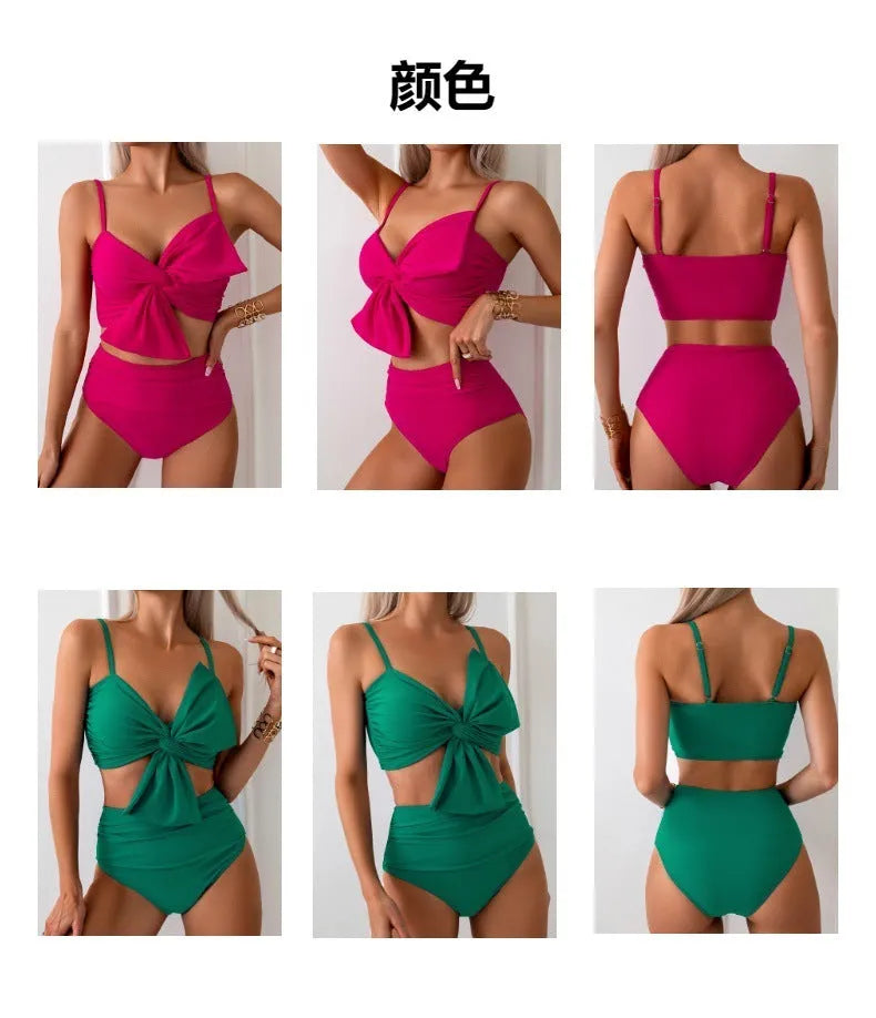 Women's bikini swim set with big bow design on nylon swim trunks in multiple colour options