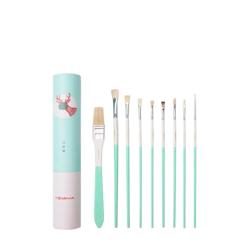 Fan-shaped acrylic gouache brush set with four fan brushes and additional painting tools