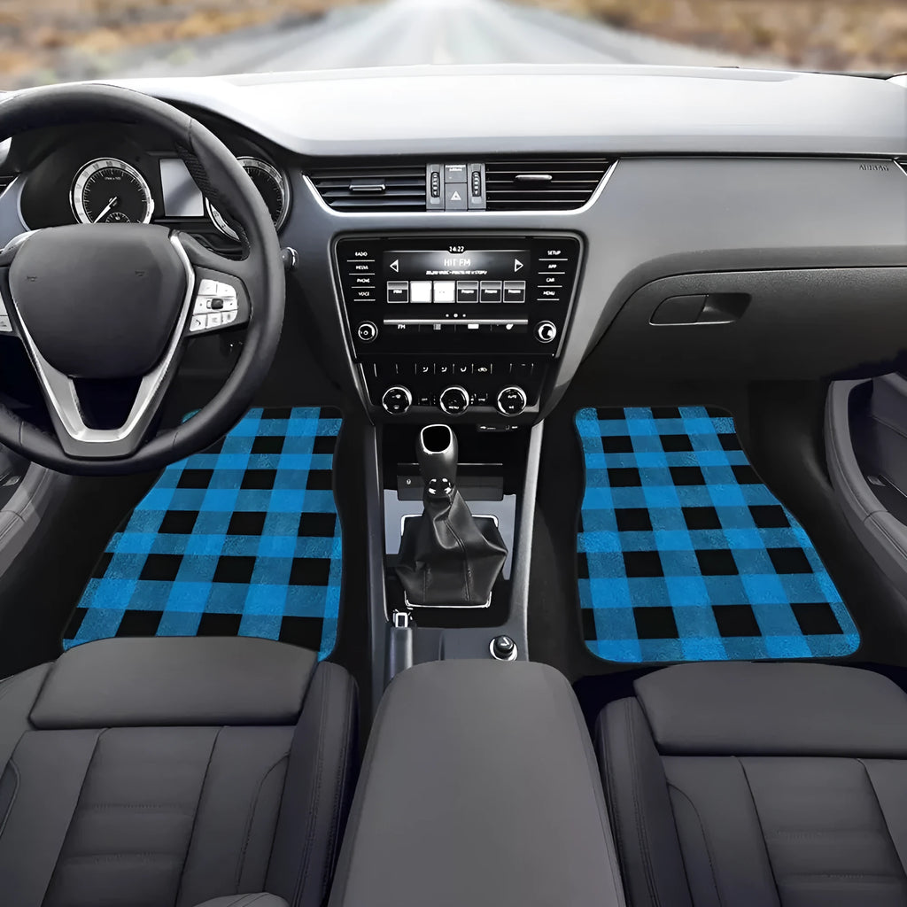 Set of four black printed rubber car foot mats with textured surface, showing 20mm thickness.