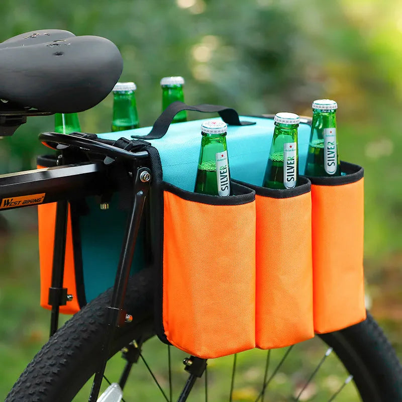 Black and orange bicycle double-sided anti-scratch shelf bag mounted on a bike frame.