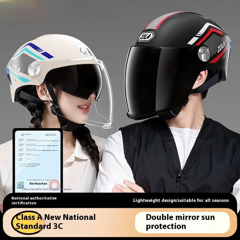 Light brown motorcycle half helmet with a dual mirrored visor on a table.