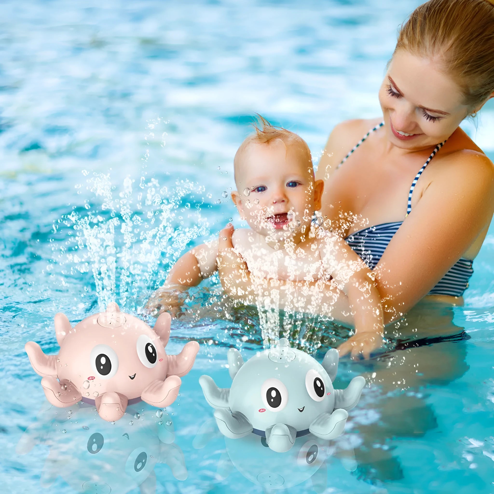 Blue and pink automatic spray octopus bath toy with flashing lights next to its colour box packaging.