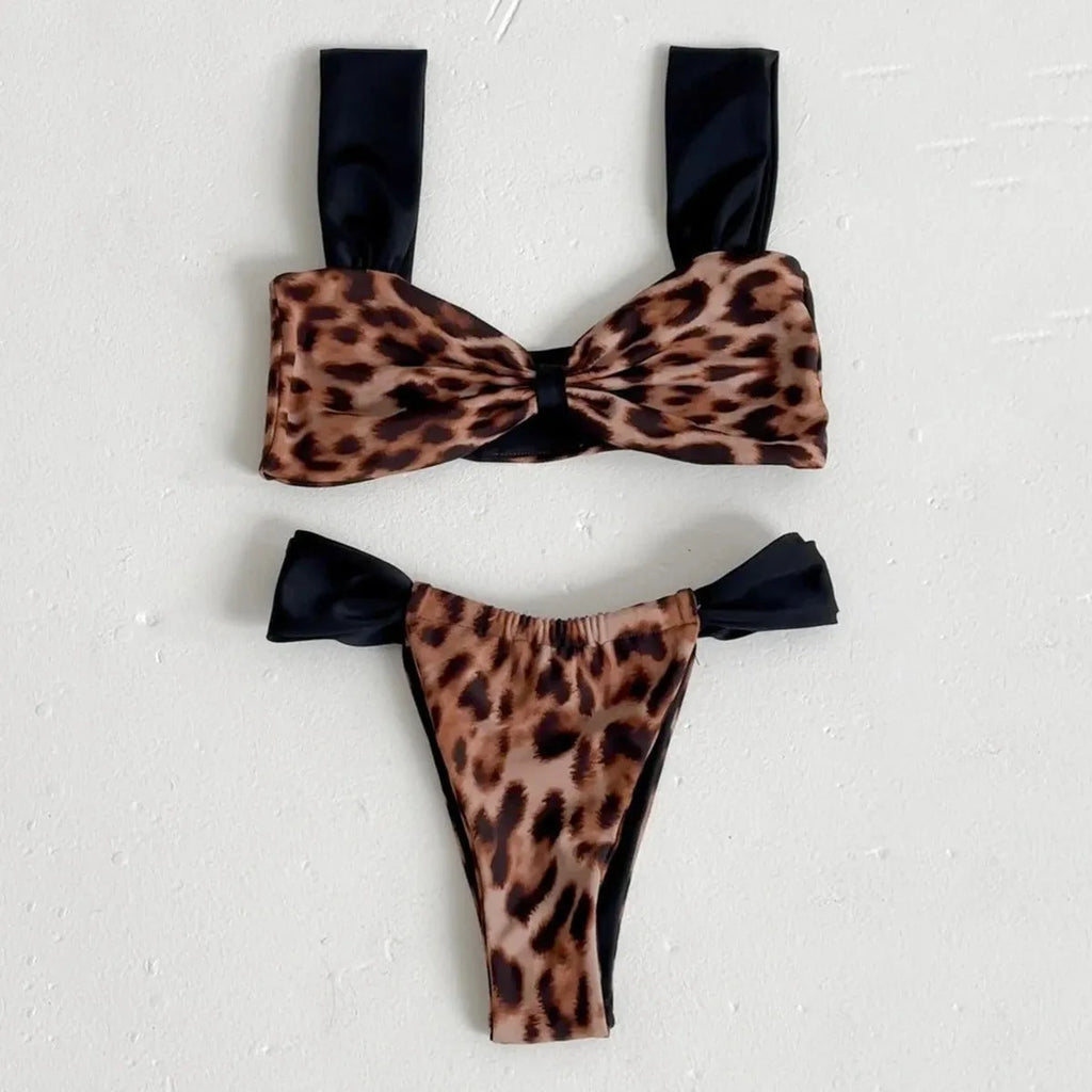 Bikini leopard print tube top split women's suit set in C3534 black or leopard print