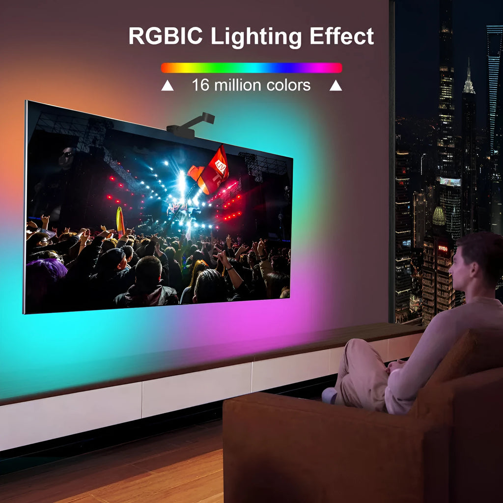 Smart TV LED backlight strip with a small camera for screen colour synchronisation, shown with remote and phone running the Tuya app.
