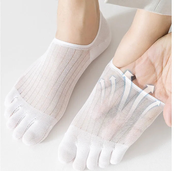Modal cotton five-finger ultra-thin breathable boat socks in black, shown laid flat.