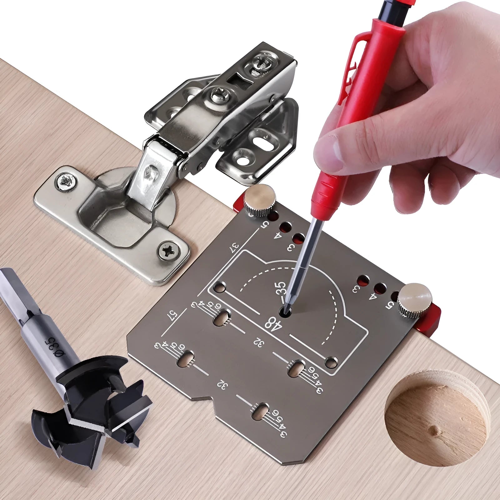 Red aluminium alloy hinge punch locator tool with adjustable margin settings for 35mm cabinet hinges.