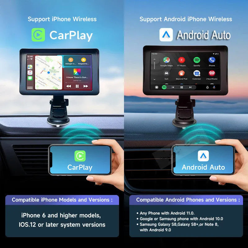 7 inch portable car smart screen with wireless CarPlay and Android Auto on retractable bracket