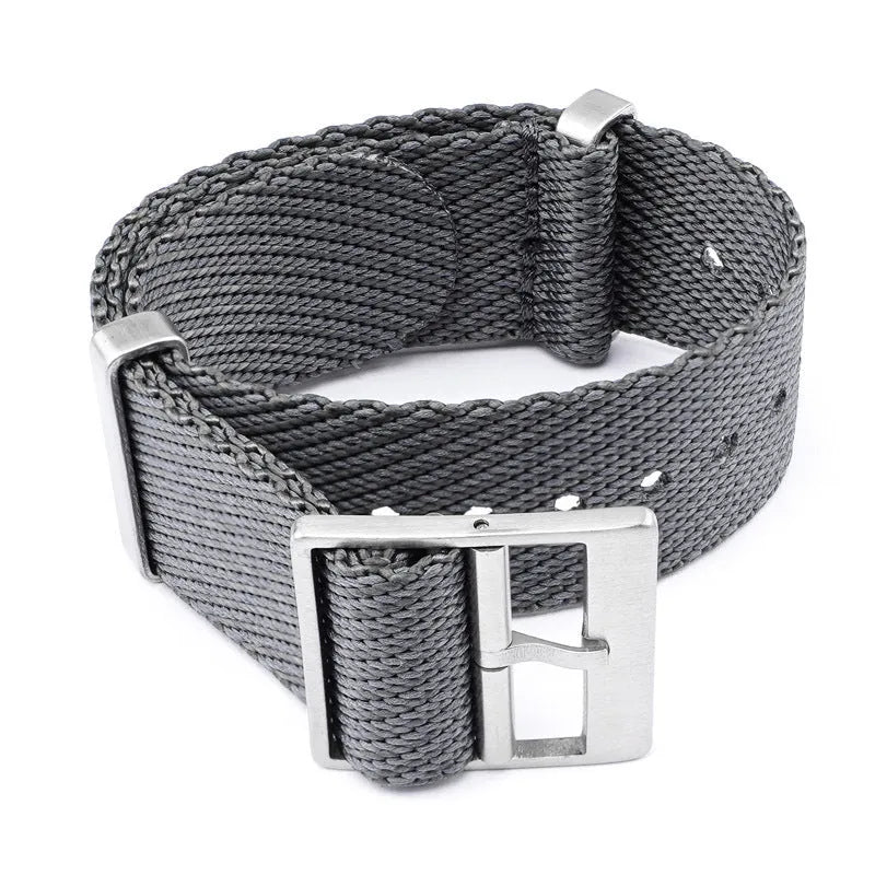 Nylon woven canvas watch strap with silver buckle in retro ethnic style, blue and white colour variant