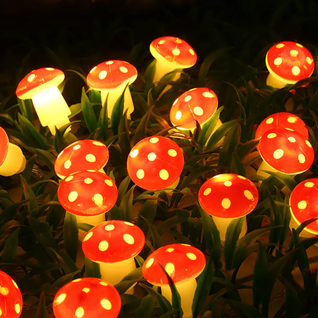 LED mushroom lighting chain with 10 warm glow lights on a tabletop indoor holiday decoration