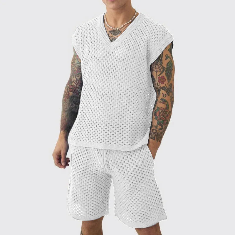 Men's blue V-neck knitted vest and matching shorts sports set laid flat.
