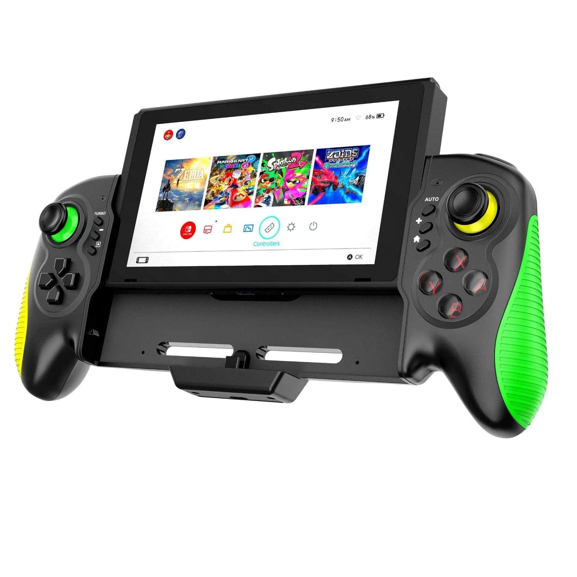 Yellow-green game controller for Nintendo Switch and PC with in-line handle design and somatosensory burst function