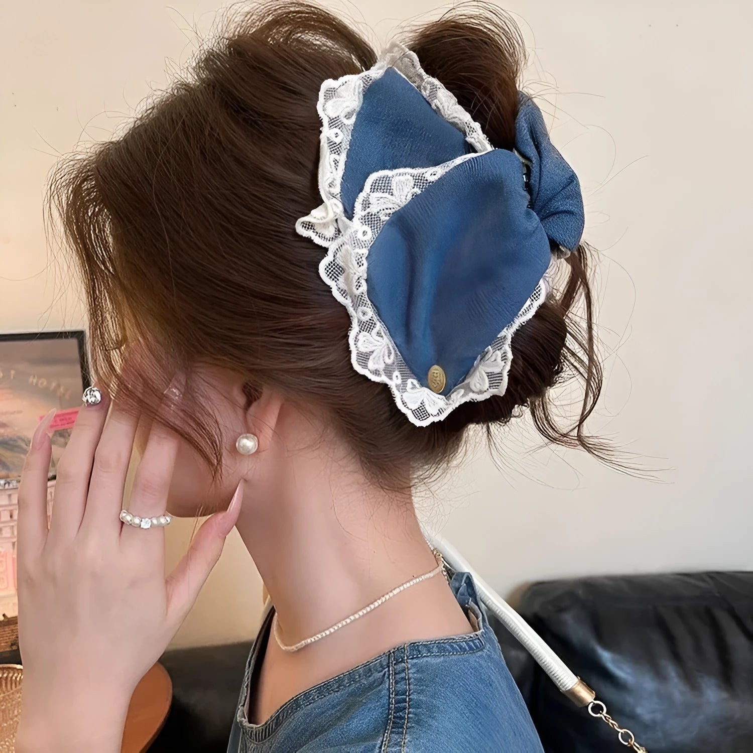 Handmade plastic hairpin with love denim bow triangle grip hair clip for women