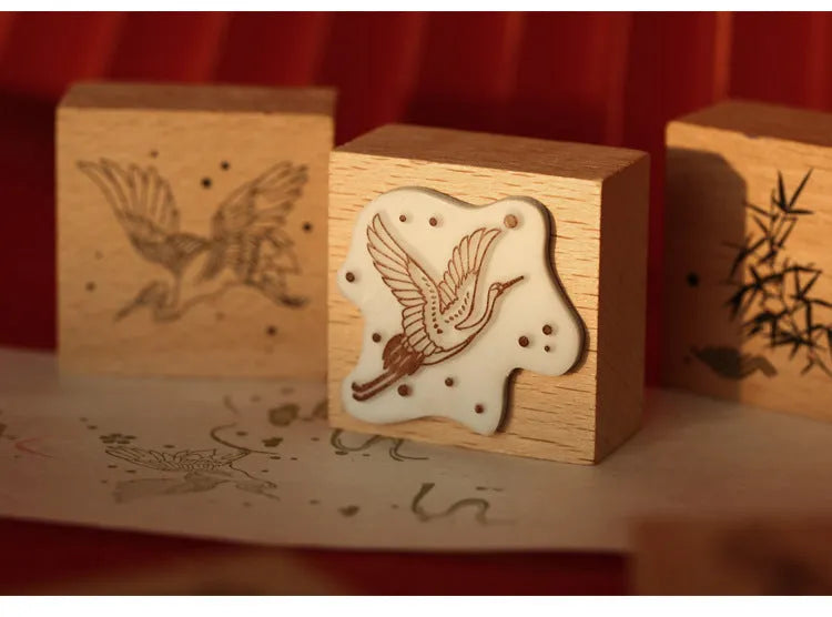 Mr. Paper wooden seal set, Huahegui series, with crane design on wood and rubber stamp for DIY printing