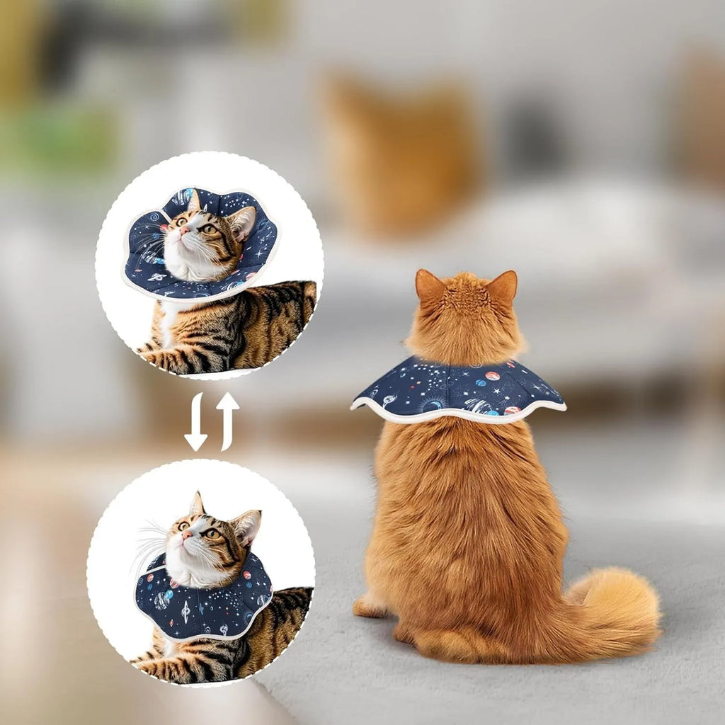 Soft adjustable cat recovery cone collar in constellation design with circular fastener