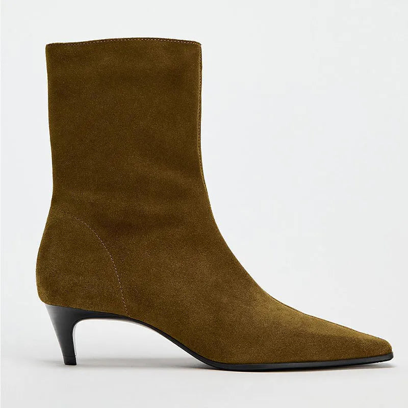 Brown square toe mid-heel ankle boot with side zipper and waterproof platform sole.