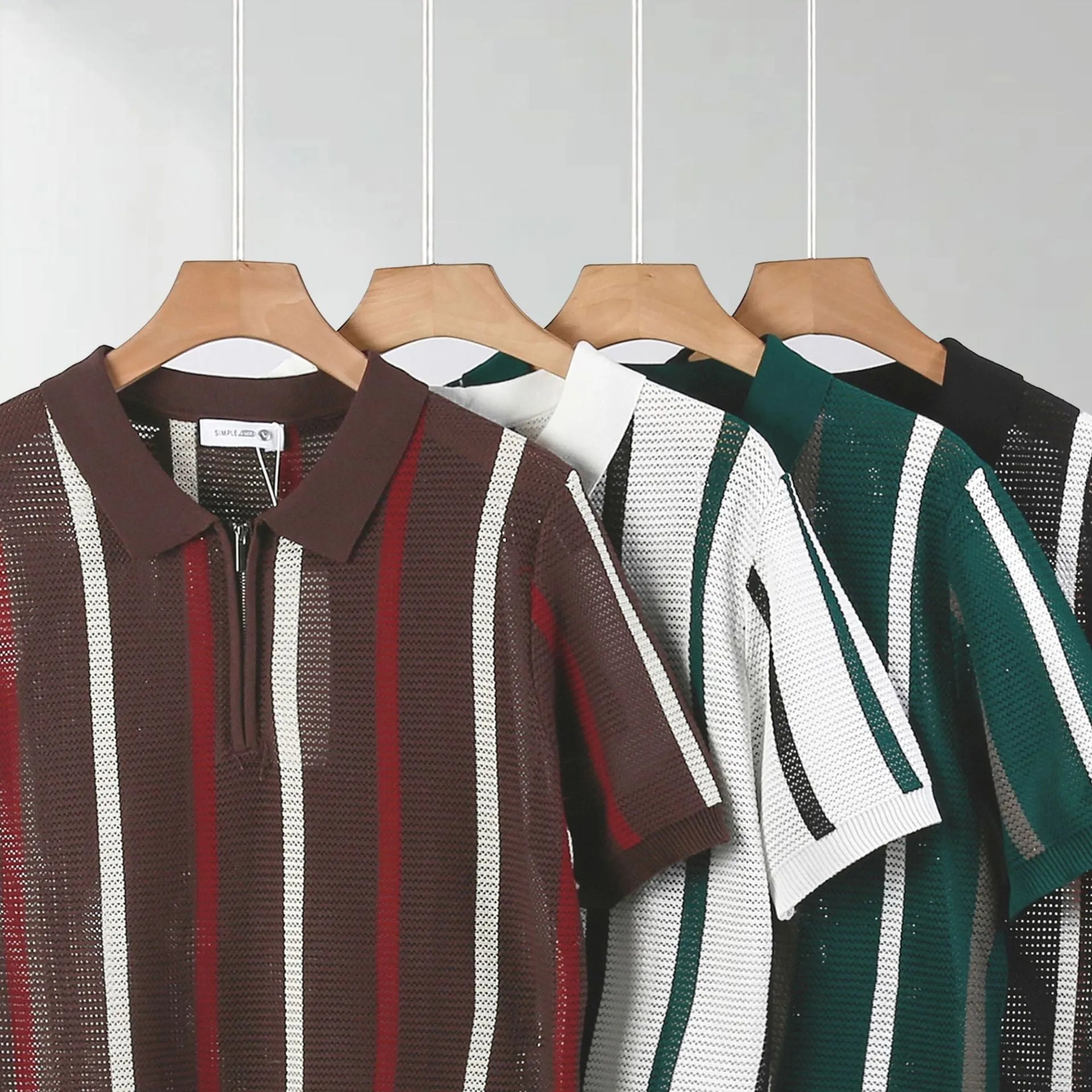 Hollow mesh short-sleeved knitting polo shirt in Ice Silk fabric with zipper decorations, loose fit, black colour