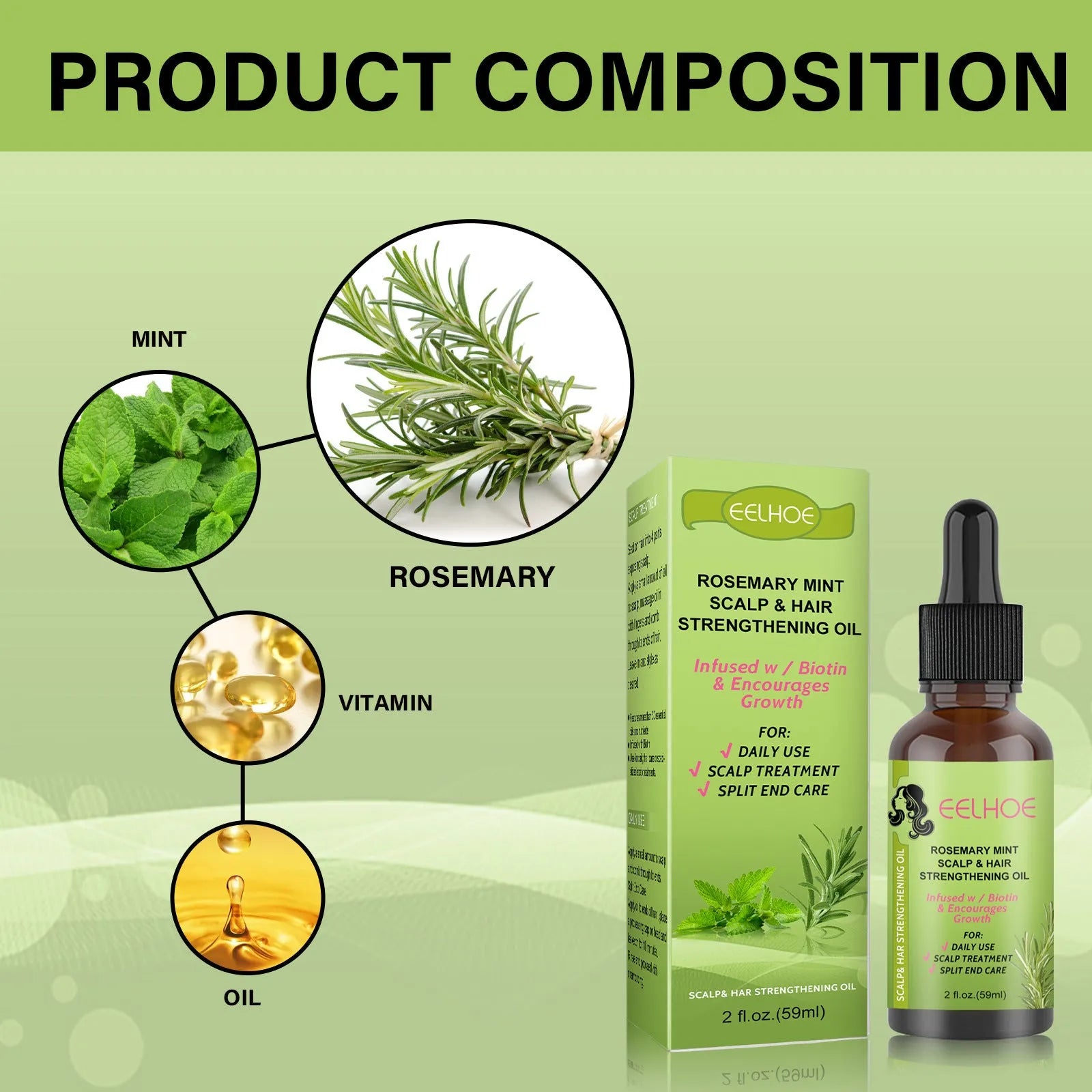 59ml bottle of rosemary mint hair growth fluid for scalp massage and hair repair