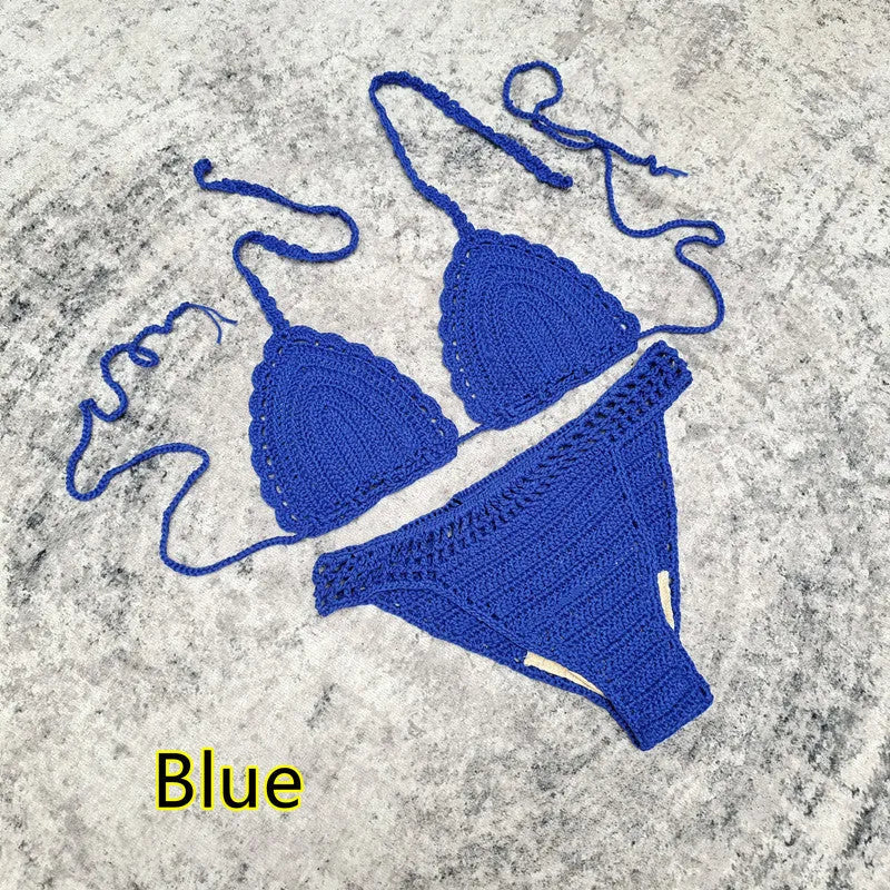 Women's white handmade crochet bikini swimsuit set with a separate matching skirt.