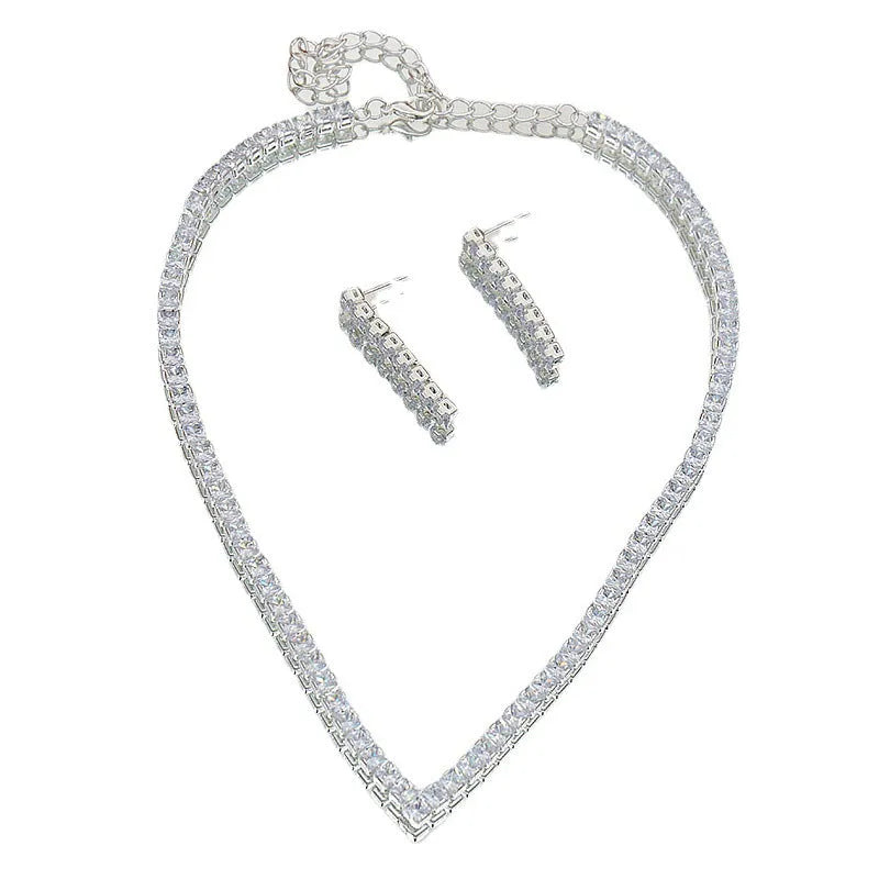 Simple electroplated zircon necklace and earrings set for women in silver with oval and quadrilateral pendant