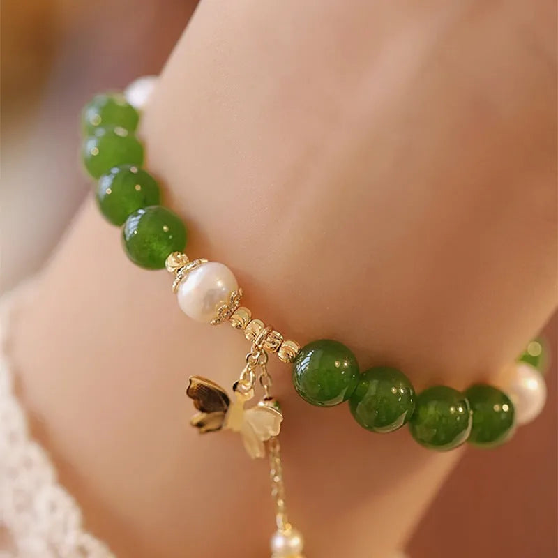 Green chalcedony geometric round bracelet for women with manual craftsmanship