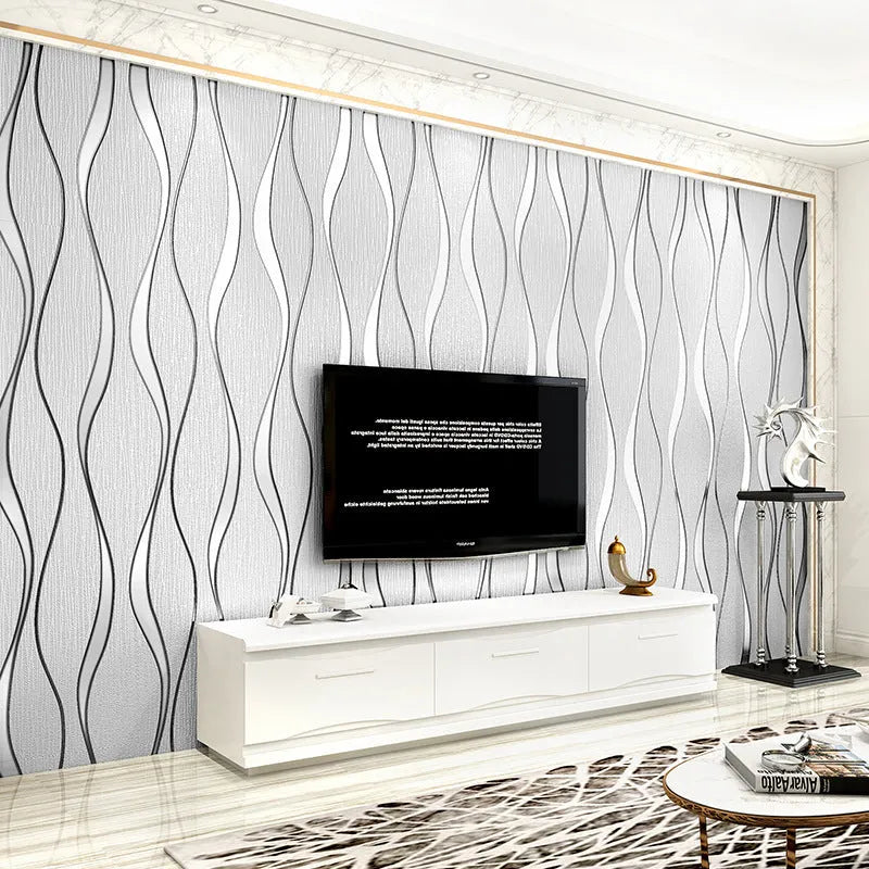 Curve Stripe 3D textured wallpaper roll showing close-up of light grey velvet geometric pattern