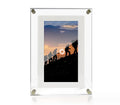 White acrylic digital photo frame with 5-inch vertical screen showing family photos