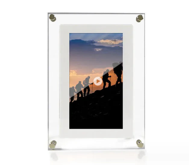 White acrylic digital photo frame with 5-inch vertical screen showing family photos