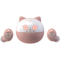 Pink wireless Bluetooth earbuds with earplug style and battery display, flat view on white background