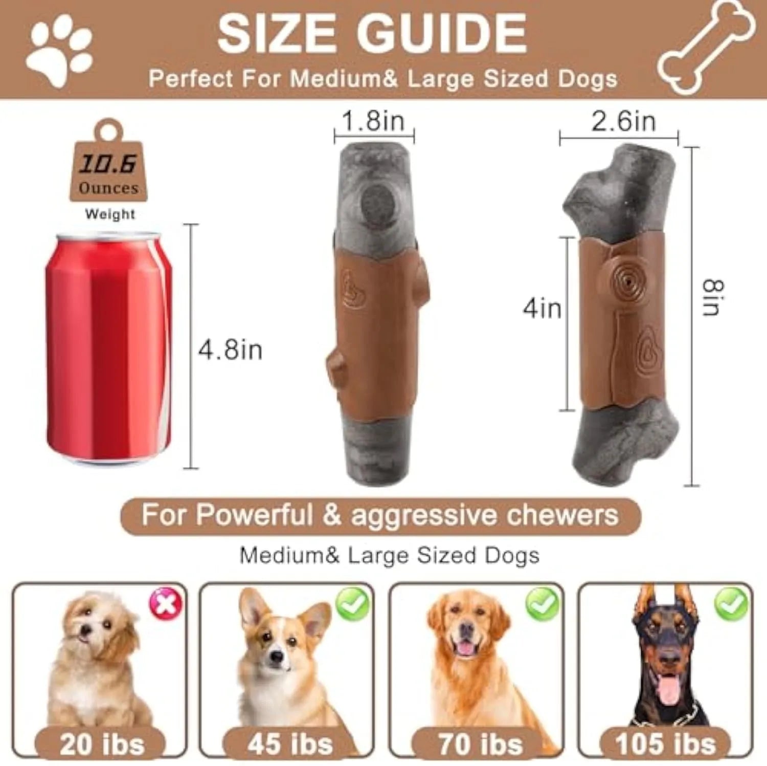 Branch-shaped nylon dog chew toy with bacon flavour and squeaker for large dogs.