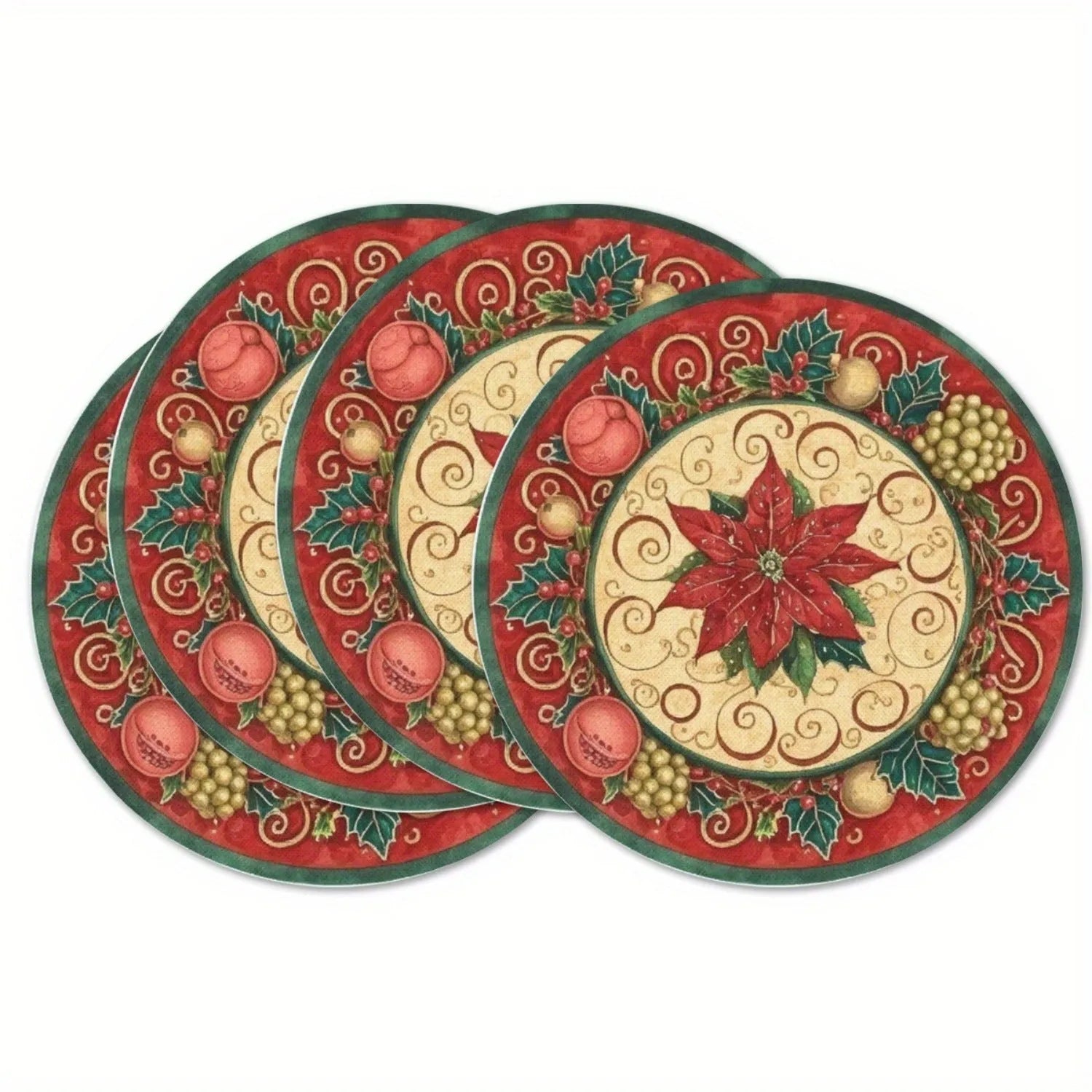 Round Christmas placemat with garland bow, holly, and snowflake pattern on linen fabric, 38cm diameter
