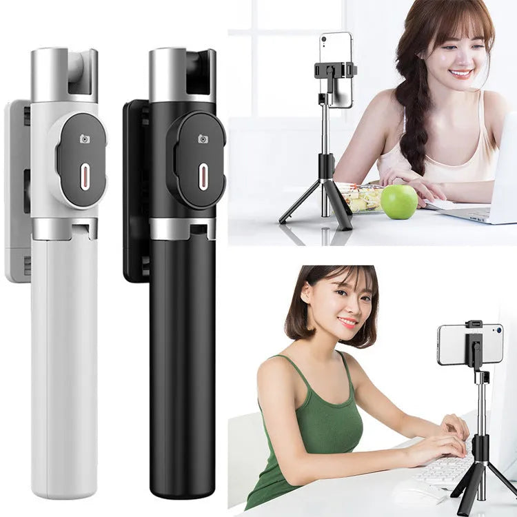 Black Bluetooth fill light selfie stick with tripod, ABS and stainless steel, compatible with Apple iPhone