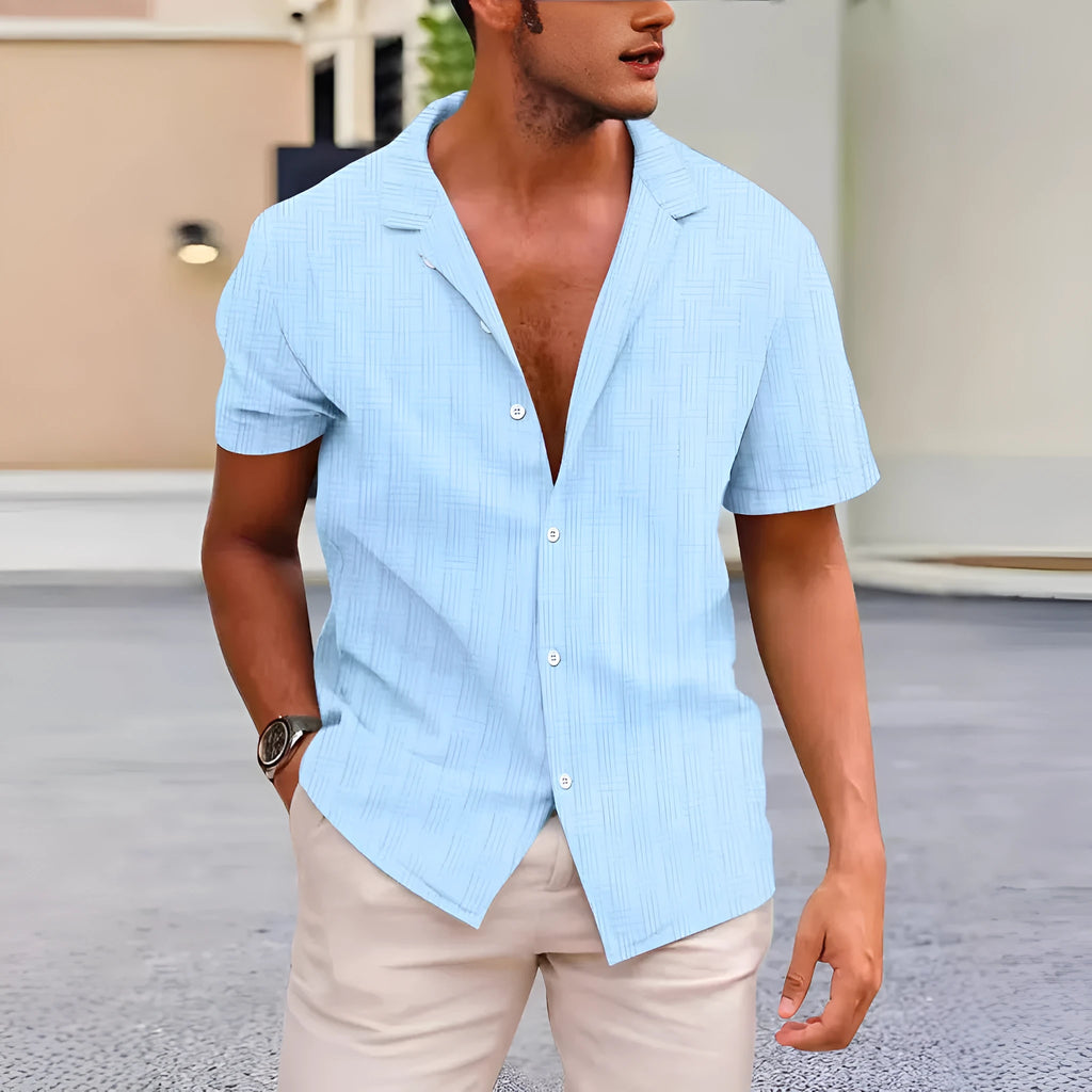 Corduroy short sleeve lapel collar shirt in solid apricot with button front and regular fit