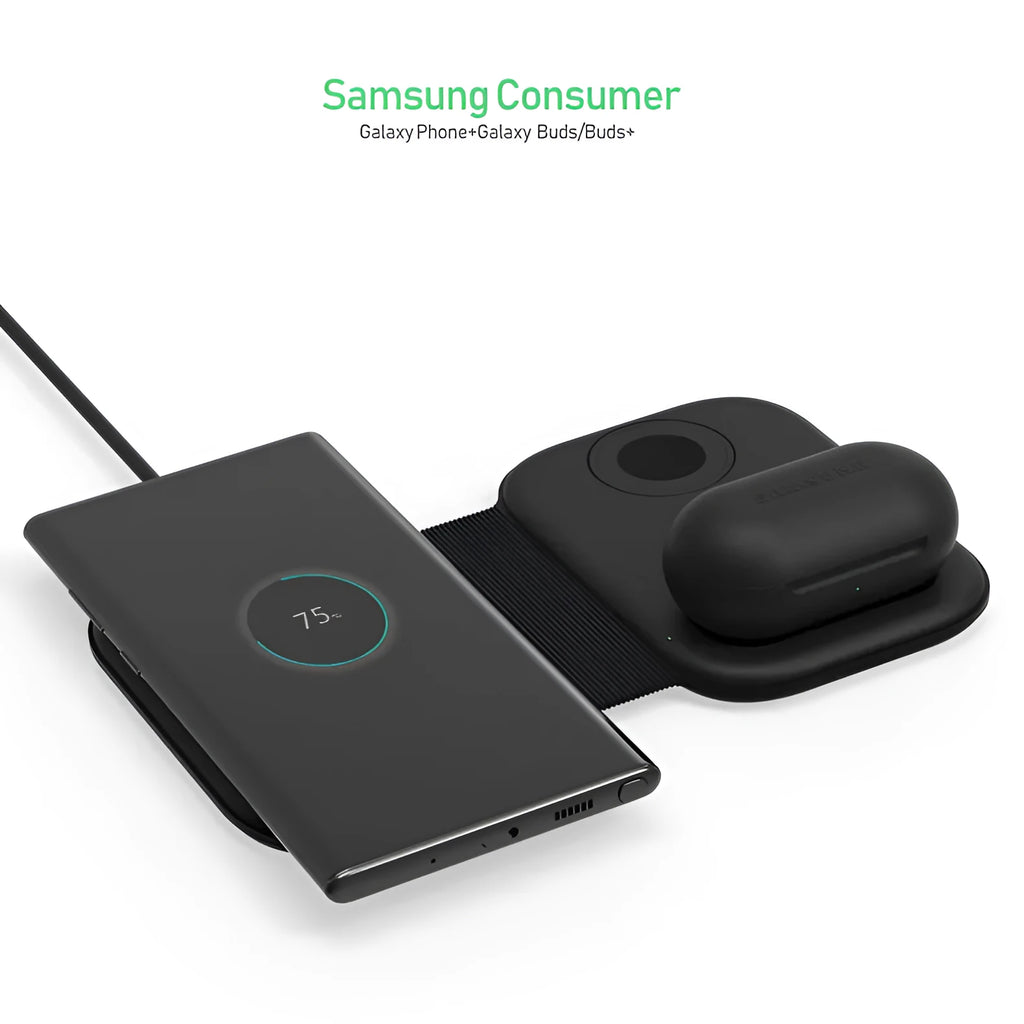 Magnetic wireless three-in-one foldable charger in black with iPhone, Apple Watch, and AirPods placed on charging zones