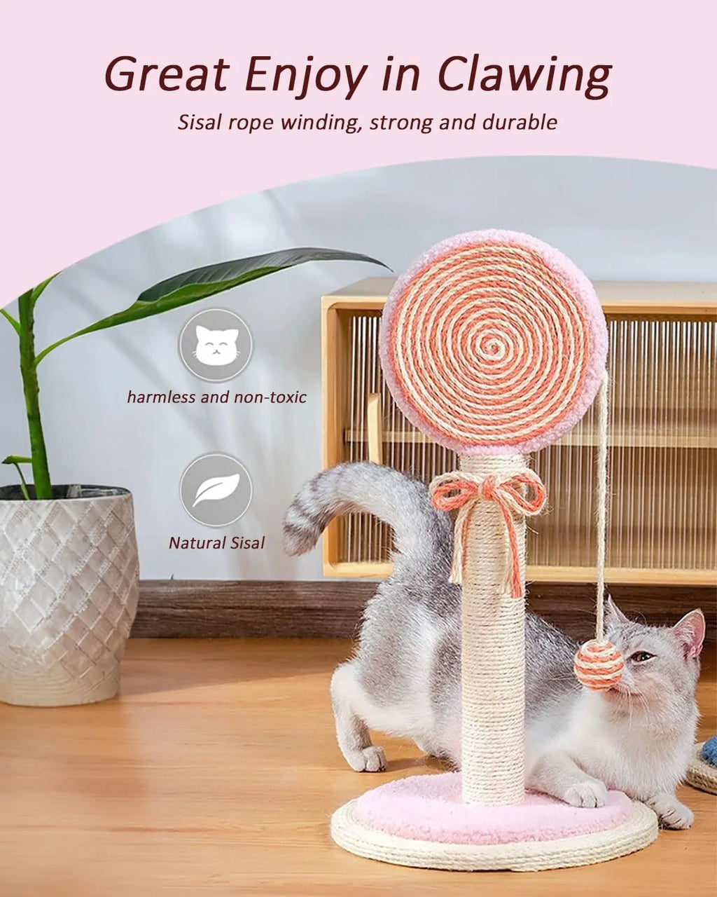 Blue cat scratching post with natural sisal rope and a hanging ball on a stable wooden base.