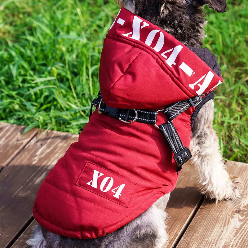 Red winter dog jacket with hood and fleece lining shown on small dog
