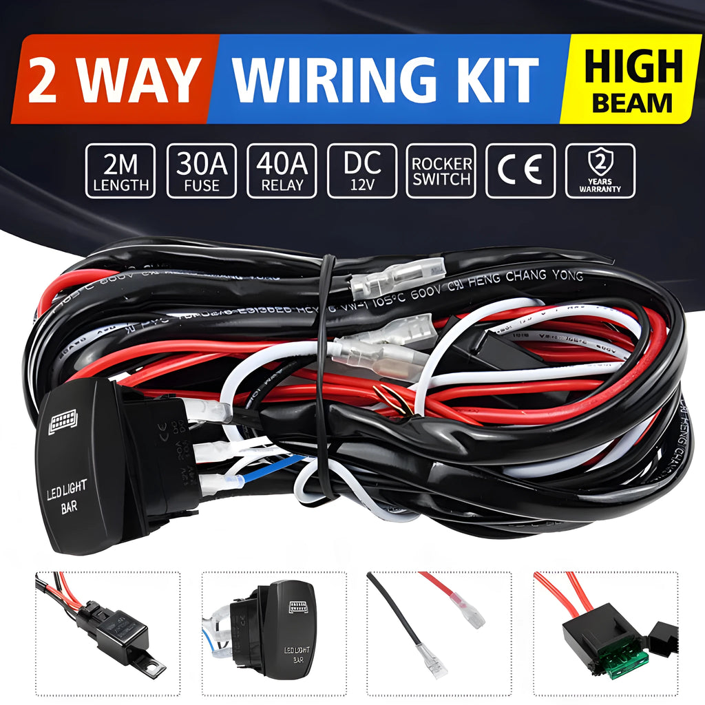 Black off-road LED spotlight wire harness kit with switch and 2-metre cable for vehicle light modifications.