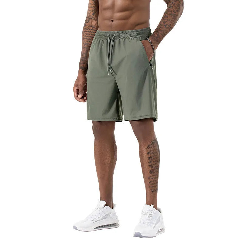 Men's black high-waist quick-drying nylon ice silk sports shorts on a hanger.