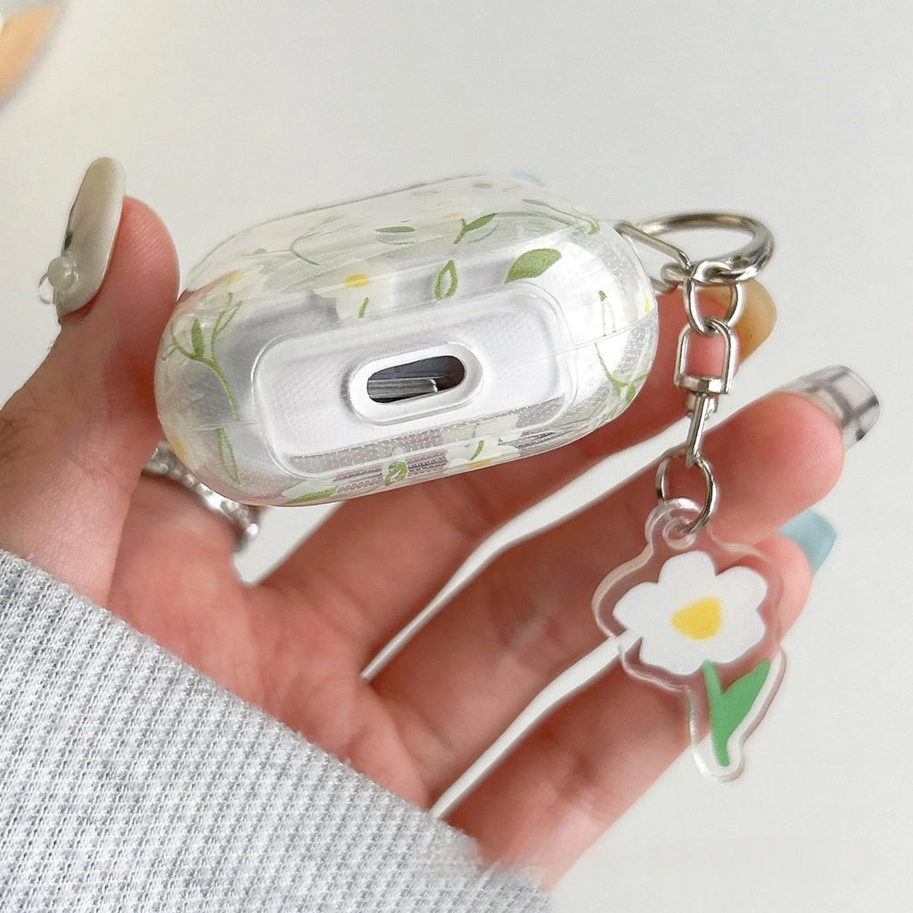 Clear TPU AirPods protective case cover with white floral design on transparent background
