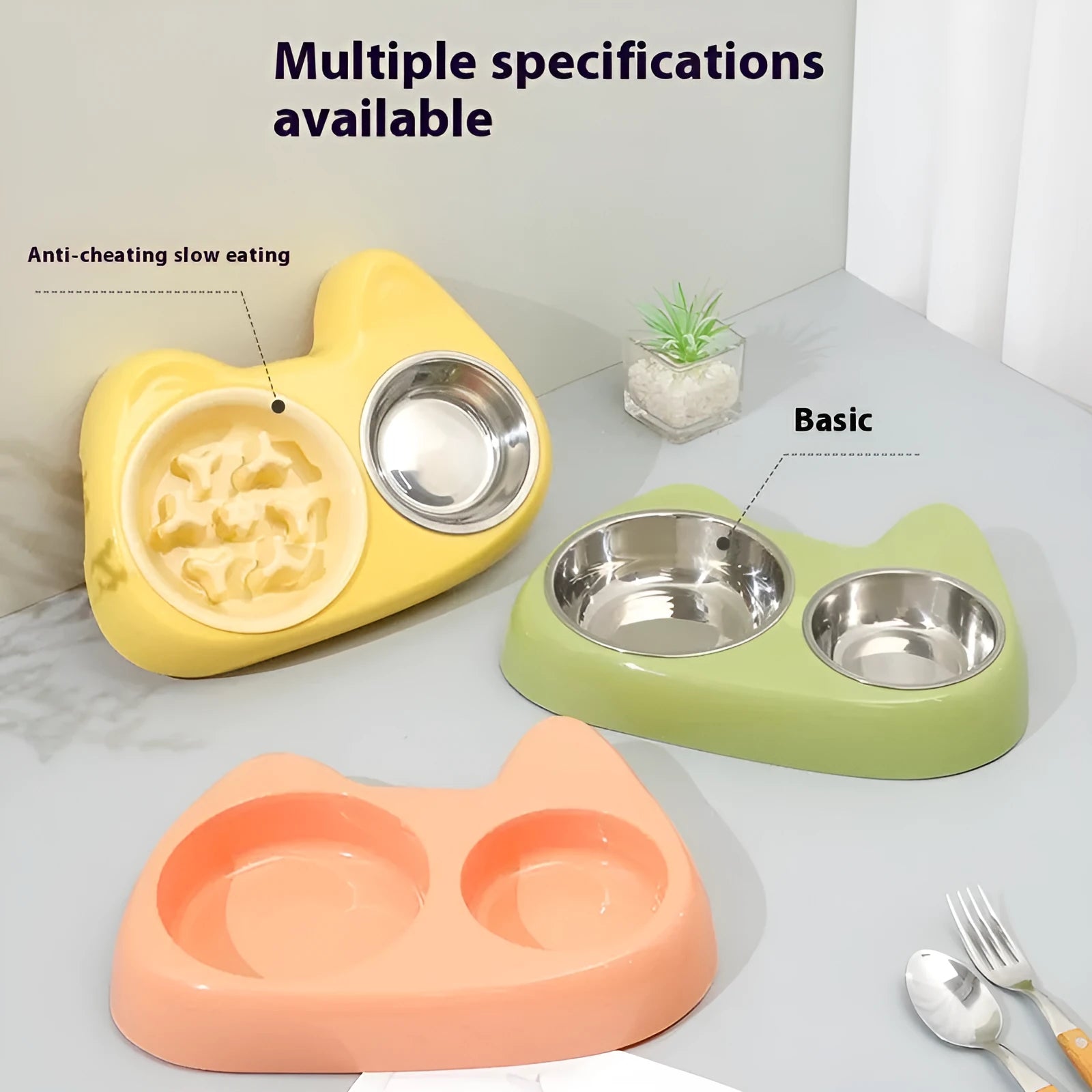 Cat bowl slow food two-in-one stainless steel and PP pet bowl with large and small sections in green grass colour