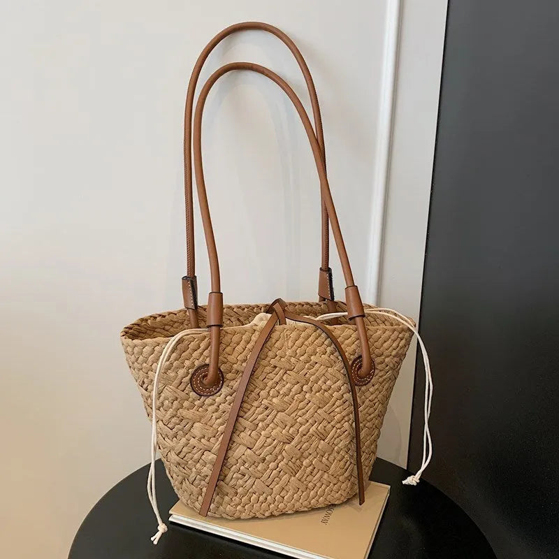 Large capacity woven shoulder bag in milky white or khaki, dual-use hand-carrying tote, horizontal square shape