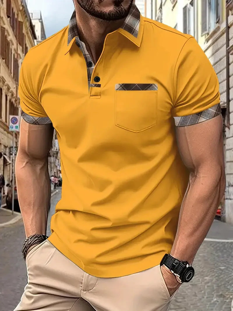 Men's loose fit colourblock plaid T-shirt with short sleeves and zipper decoration details