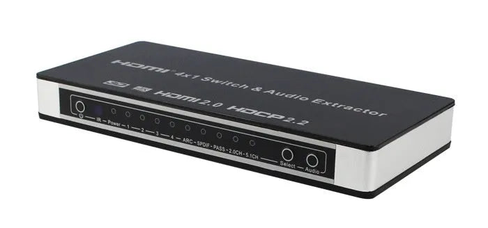 Black 4x1 HDMI switch with remote control for 4K video switching and audio extraction