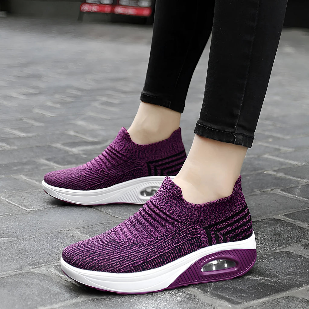 Platform slip-on rocking shoes for women, Flyknit upper, round toe, available in purple, black, pink, dark gray, and brown