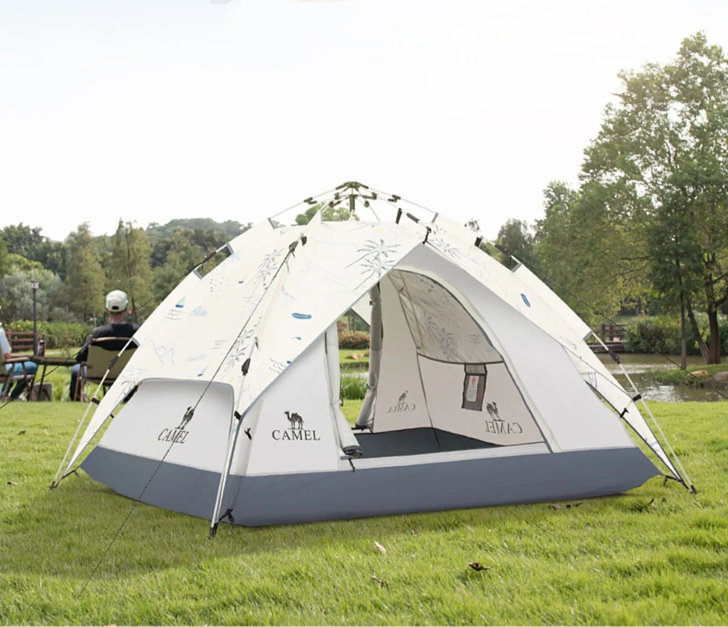 Thickened automatic folding camping tent for 3-4 people in blue, double layer, rainproof, set up outdoors